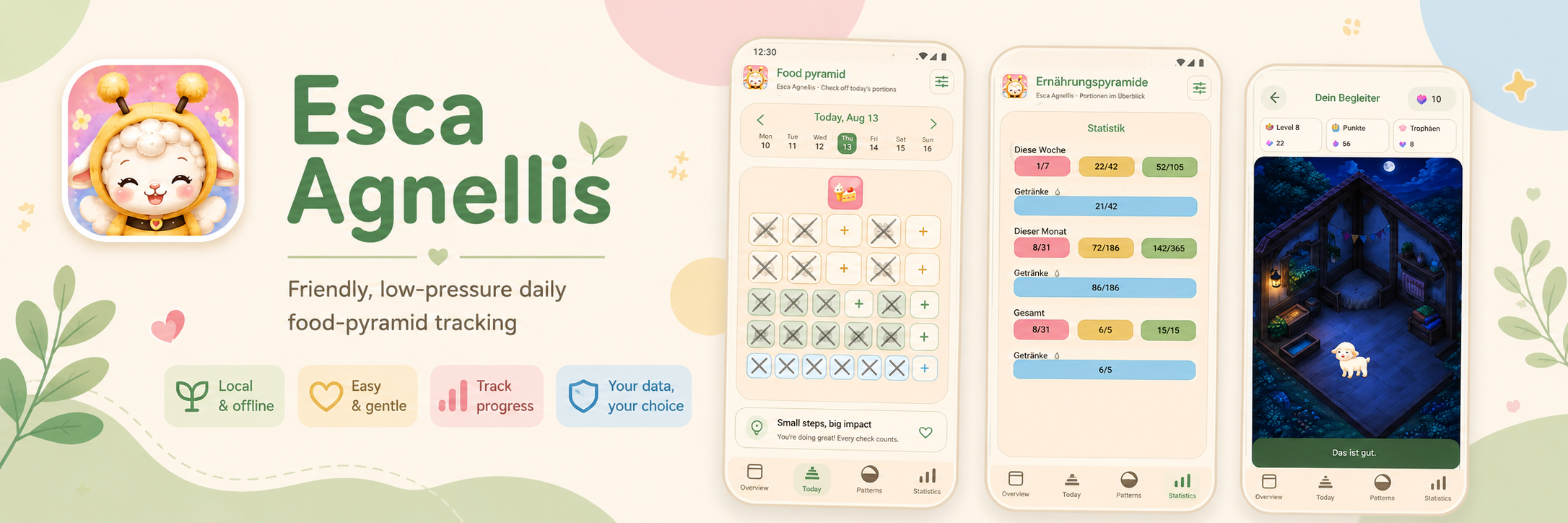 Esca Agnellis promotional banner showing the app icon, the title Esca Agnellis, the message Friendly, low-pressure daily food-pyramid tracking, feature badges for Local & offline, Easy & gentle, Track progress, and Your data, your choice, plus three real app screenshots.