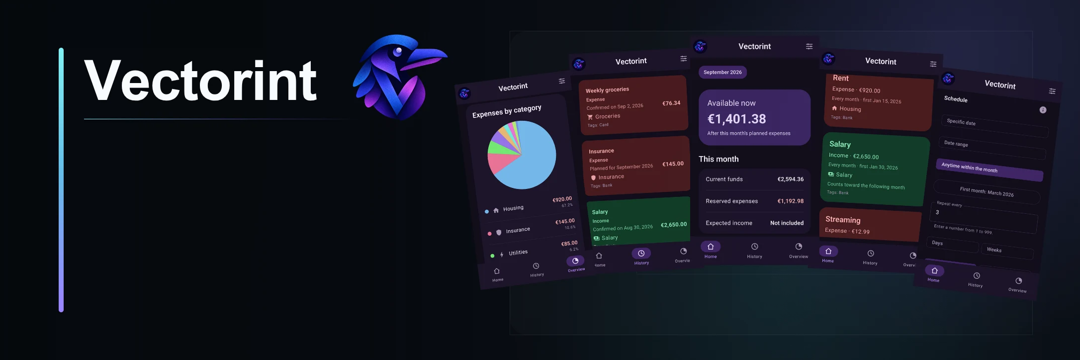 Vectorint banner with the raven icon and five app screenshots showing available funds, income and expenses, categories, history, and recurring schedules.
