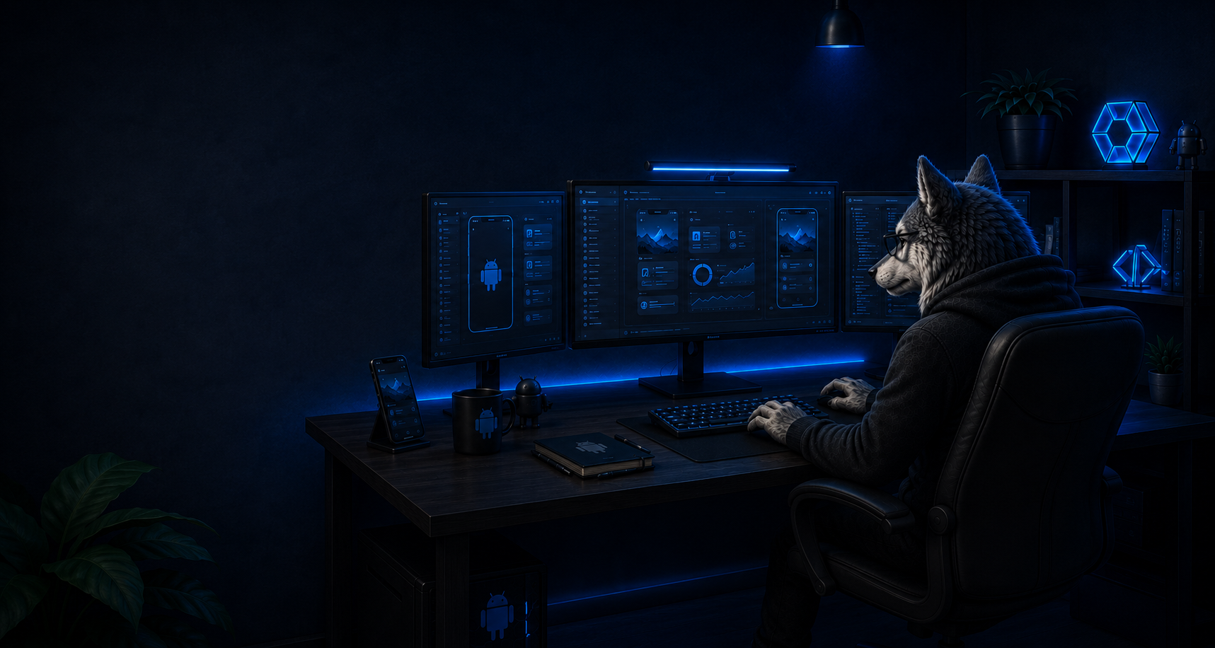 K2040 Android projects header showing the wolf mascot at a technical workstation