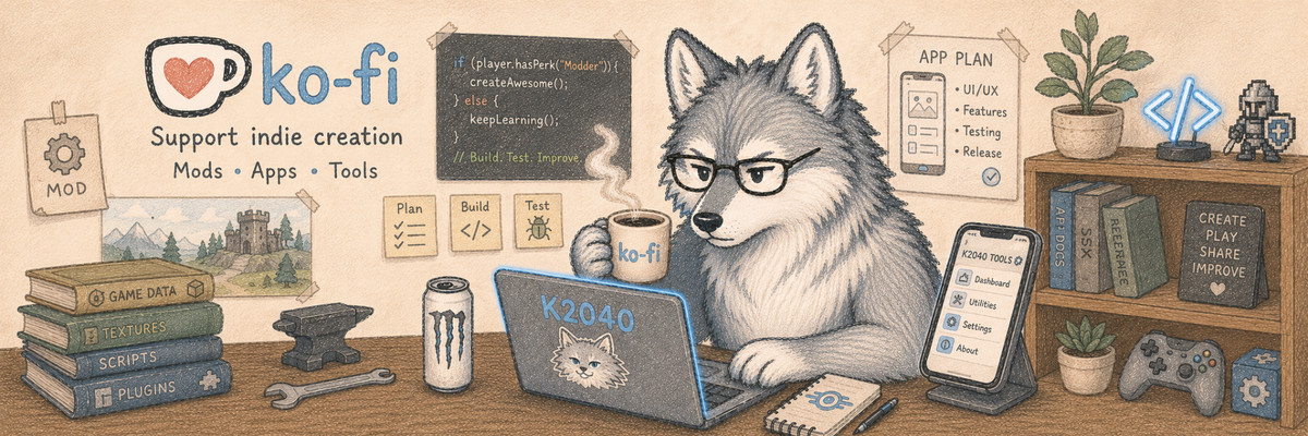 K2040 projects banner showing apps, mods, tools, and the wolf mascot