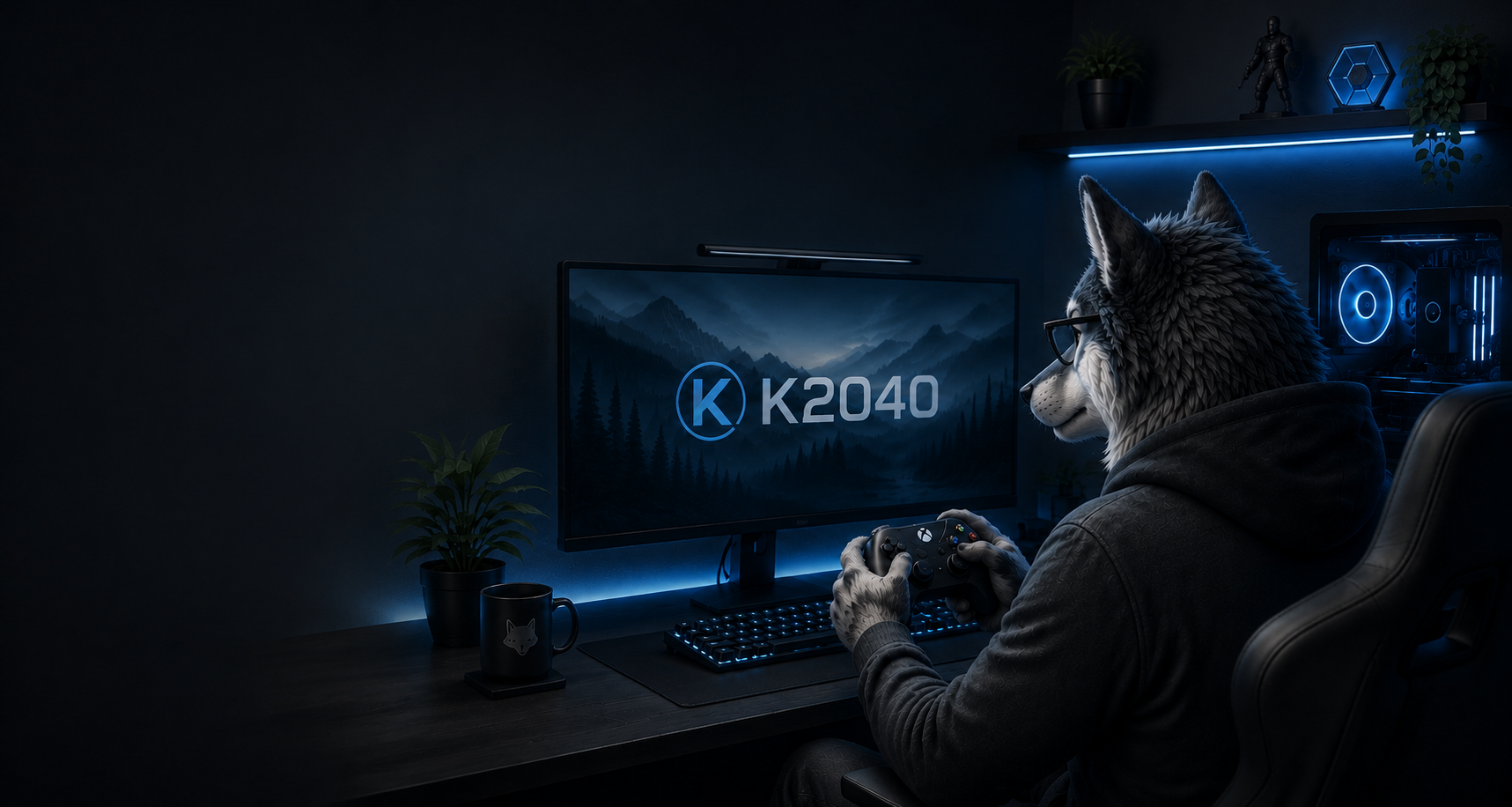 K2040 wolf mascot at a blue-lit gaming desk
