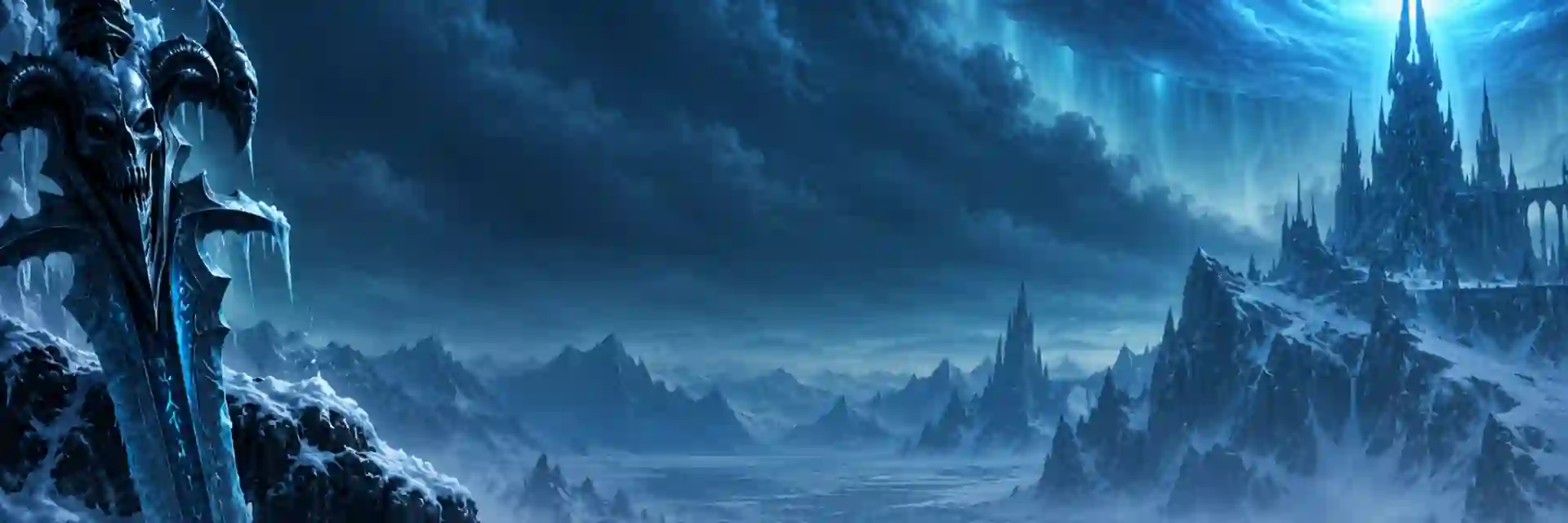 Frozen Wrath of the Lich King landscape with an icy runeblade and citadel
