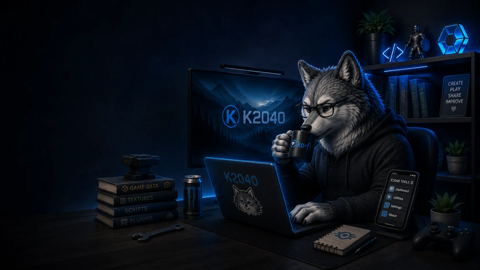 K2040 wolf mascot at a dark blue development workstation